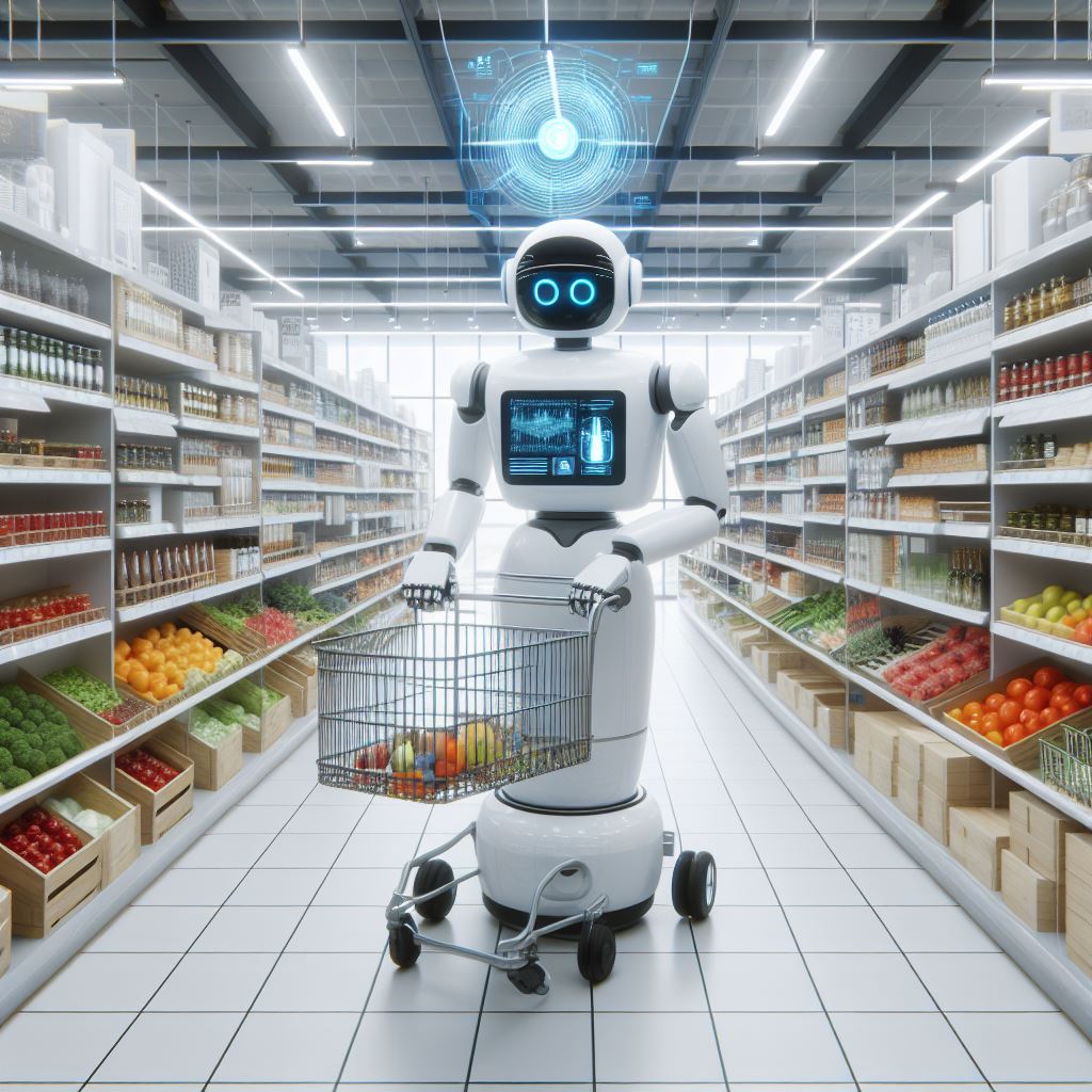 Robot in the supermarket aisle