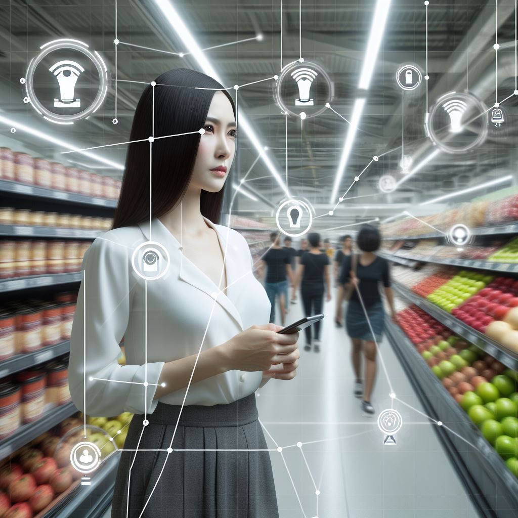 Woman in grocery store being tracked by AI, sensor, cameras.