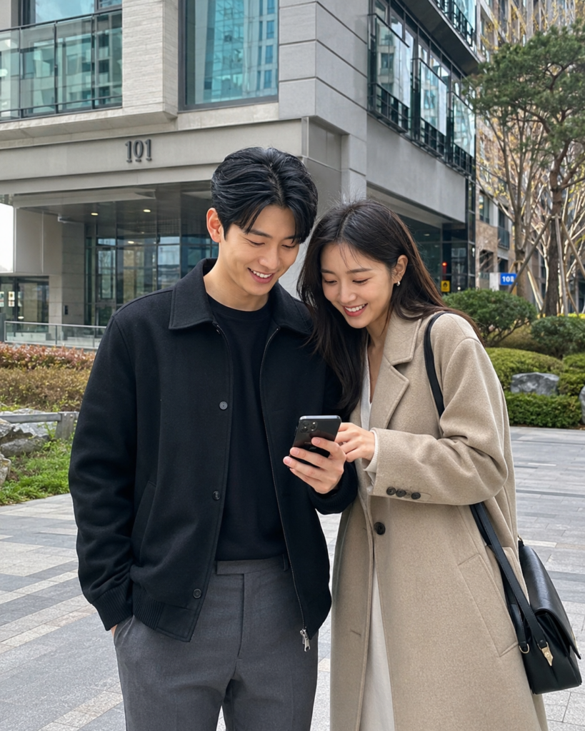 Couple looking for apartment on their phone.